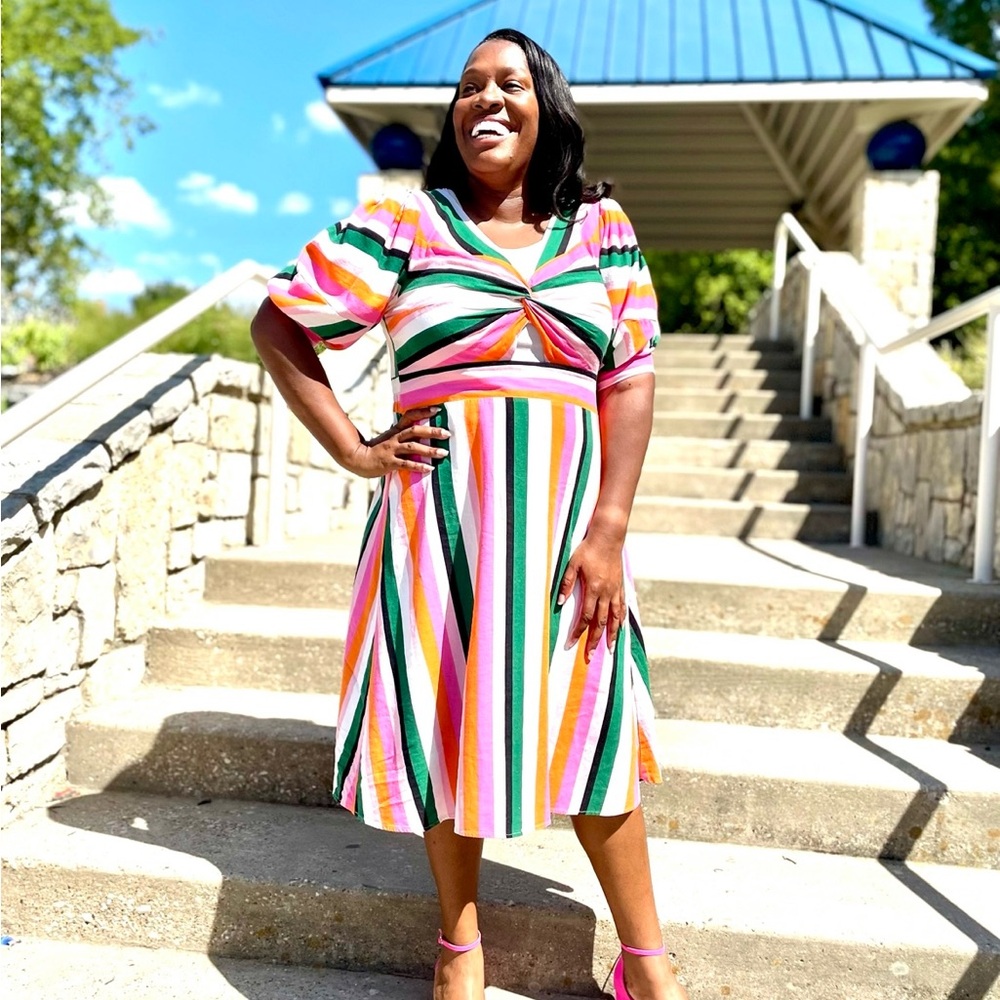Eloquii Pink and Blue A-Line Midi Dress with Puff Sleeves